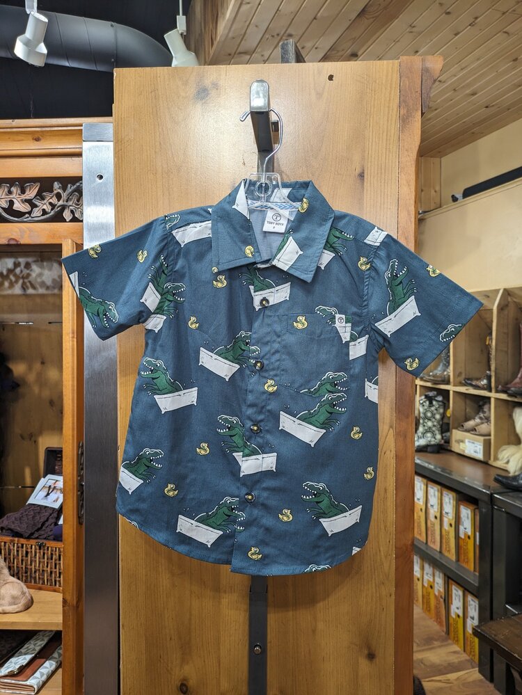 Dark Teal Dino Bath Time Button Down Shirt