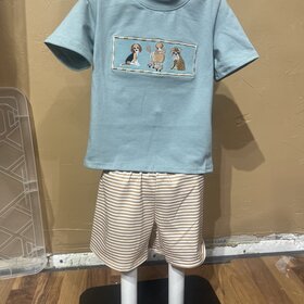 Pistachio and Tan Dog Embroidered Shortset