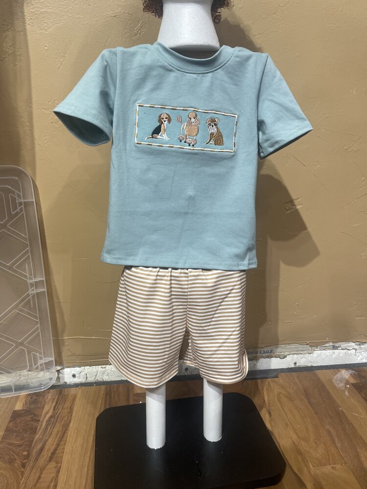 Pistachio and Tan Dog Embroidered Shortset