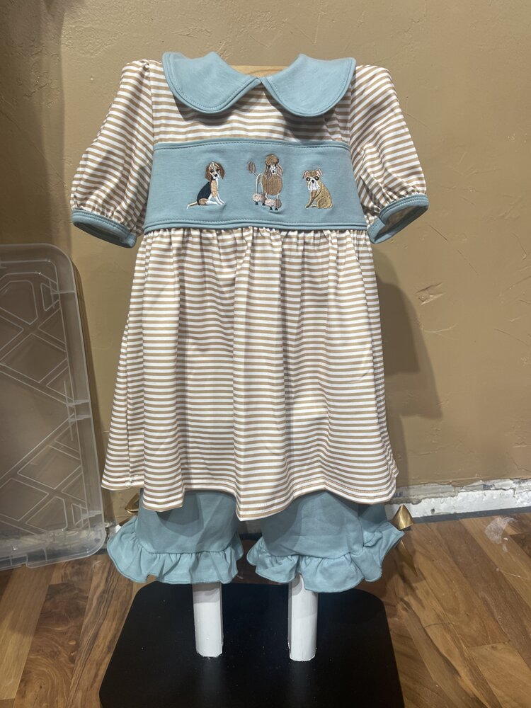 Pistachio and Tan Dog Embroidered Dress w/Short