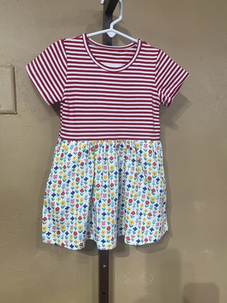 Red and White Stripped Dress with Floral Skirt