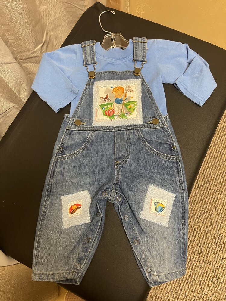 Blue Denim Butterfly Catching Bib Overall Set, Size 12M