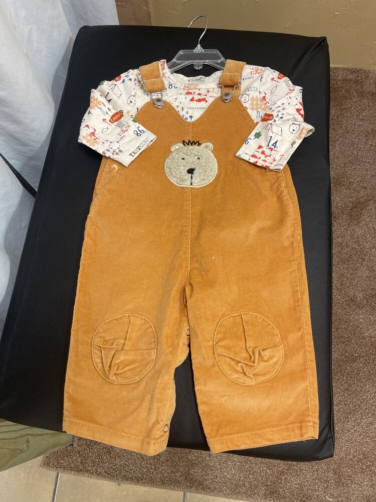 Mustard Camping Bear Overall Set, Size 18M