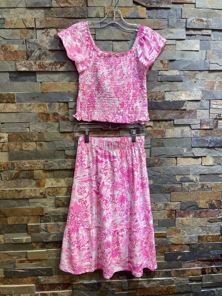 Pink Coral Reef Print Skirt w/ Smocked Top