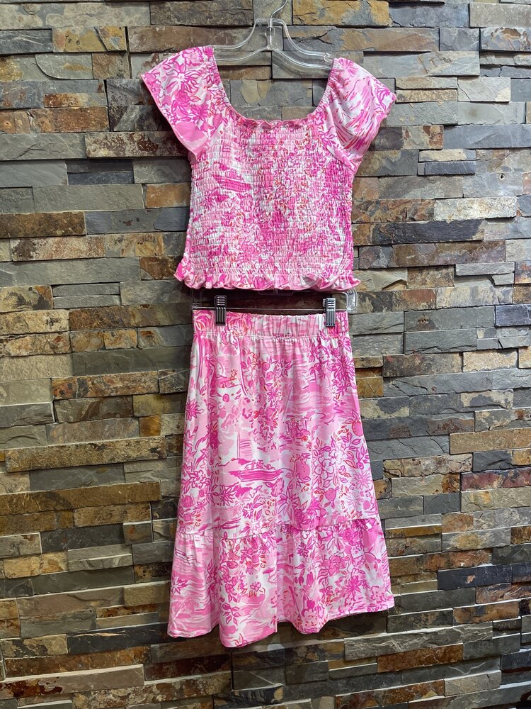 Pink Coral Reef Print Skirt w/ Smocked Top