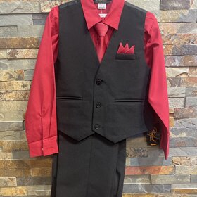 Black Vest & Pants W/ Red Shirt, Tie and Pocket Square