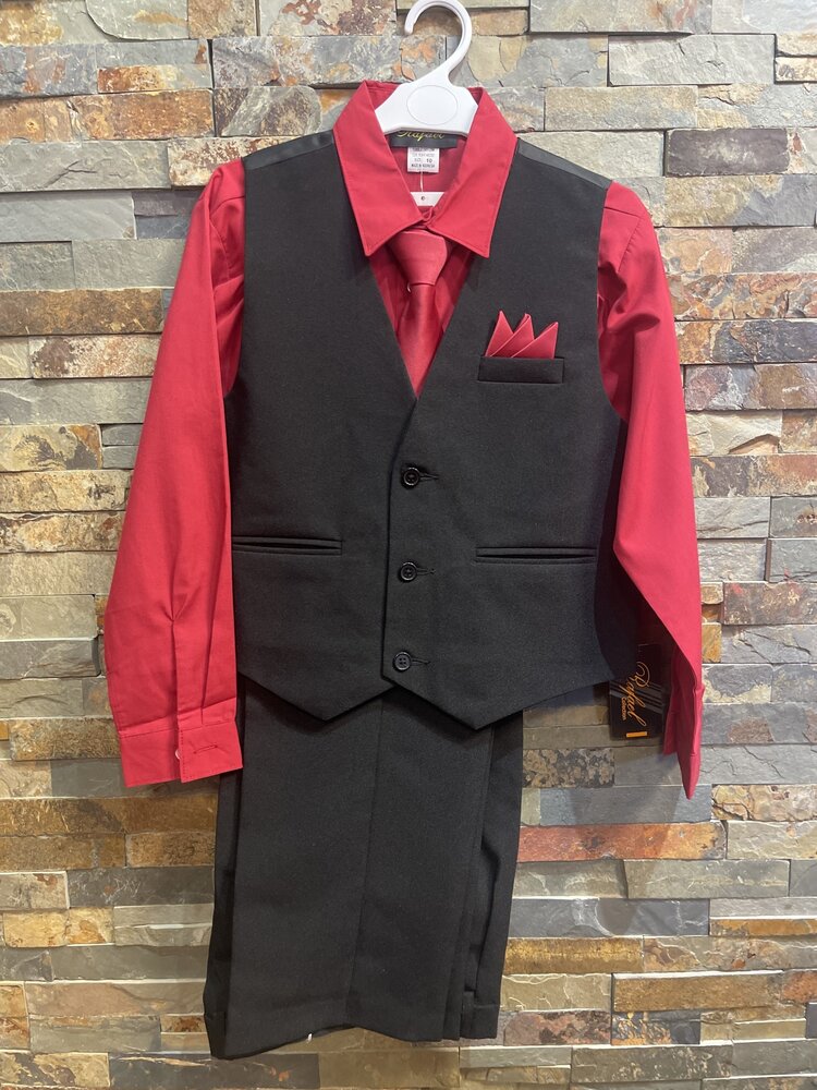 Black Vest & Pants W/ Red Shirt, Tie and Pocket Square