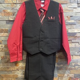 Black Pin-Striped Vest & Pants w/ Red Shirt, Striped Tie & Pocket  Square, Size 12