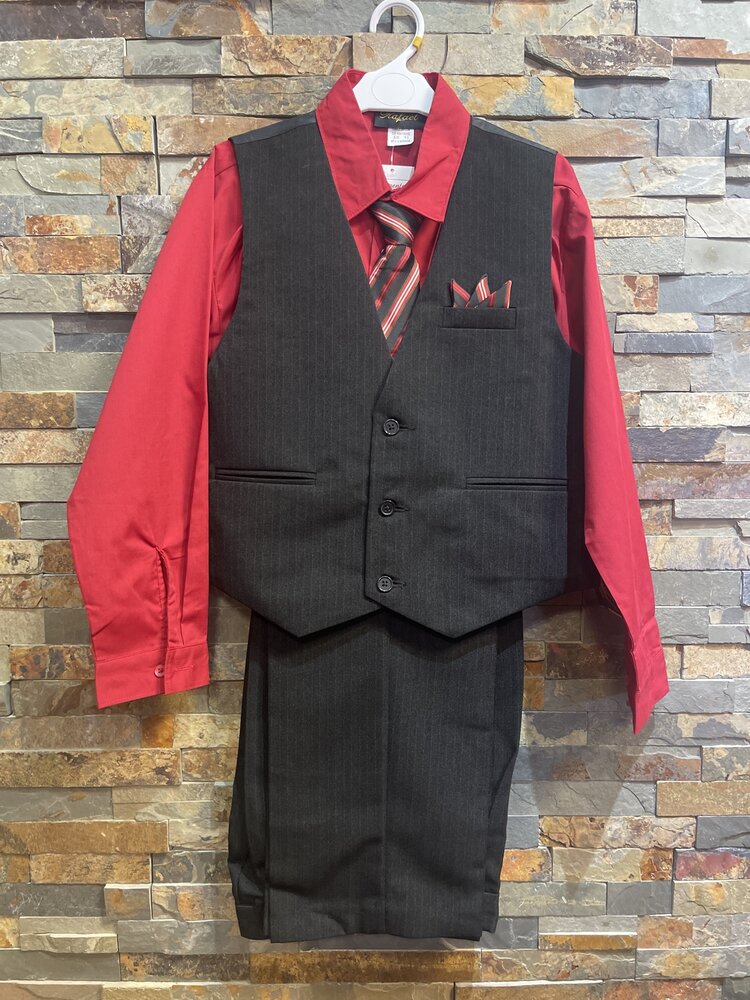 Black Pin-Striped Vest & Pants w/ Red Shirt, Striped Tie & Pocket  Square, Size 12