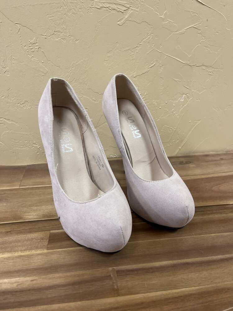 Nude Suede Pumps w/Jeweled Heel