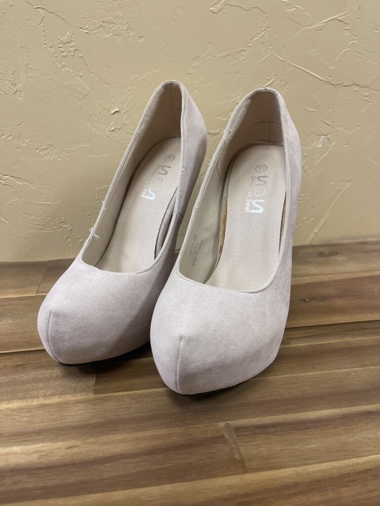 Nude Suede Pumps w/Jeweled Heel