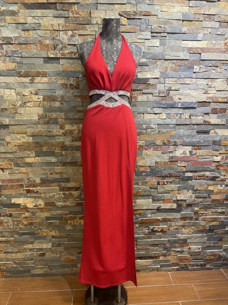 Speechless Red Halter Rhinestone Cut Out Gown