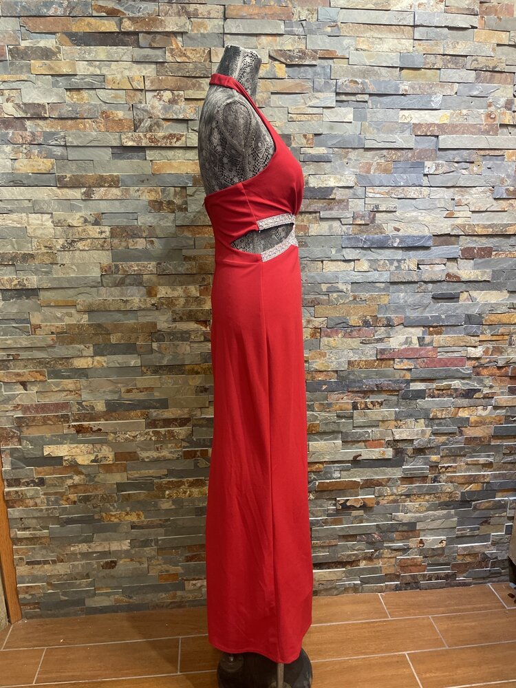 Speechless Red Halter Rhinestone Cut Out Gown