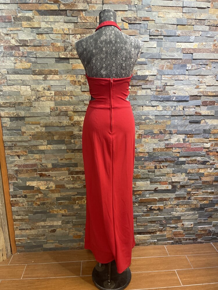 Speechless Red Halter Rhinestone Cut Out Gown