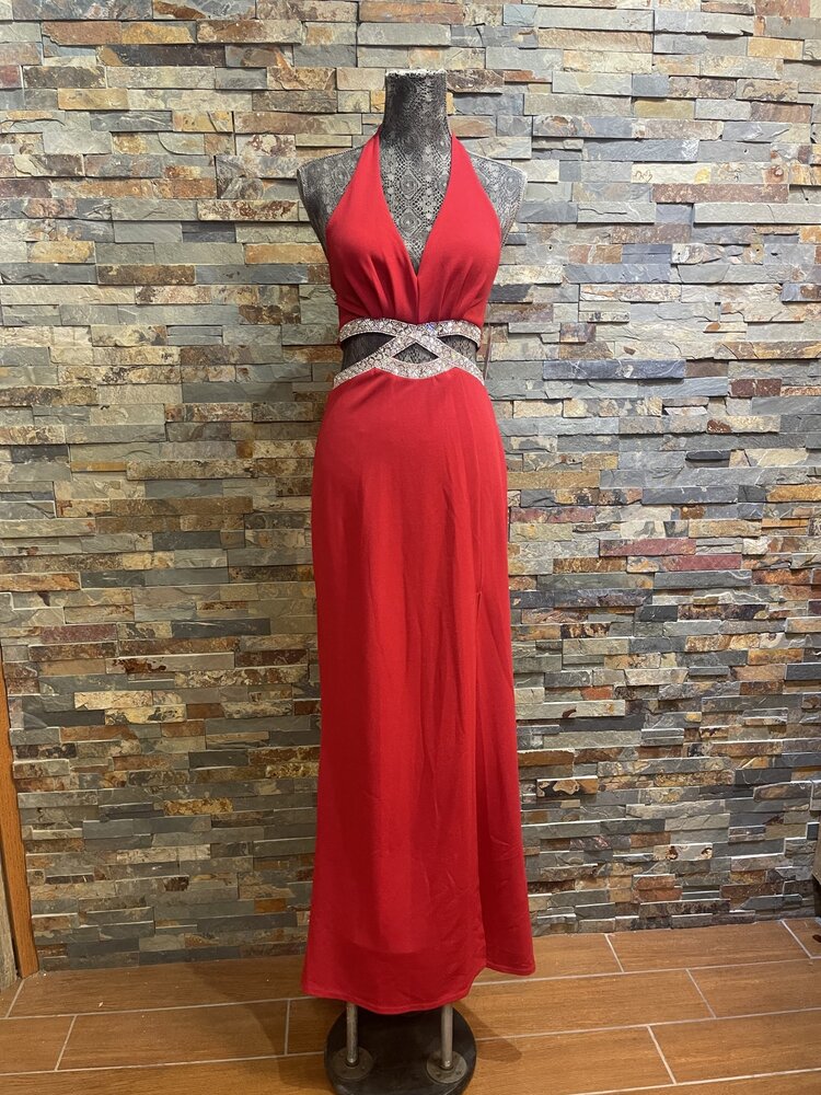 Speechless Red Halter Rhinestone Cut Out Gown