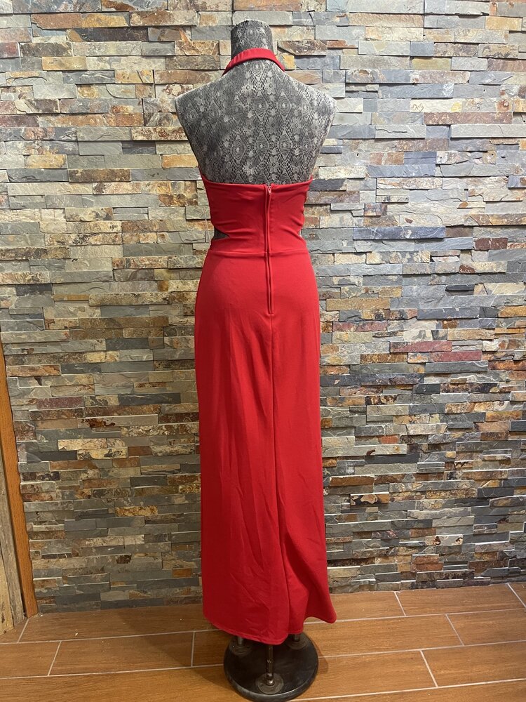 Speechless Red Halter Rhinestone Cut Out Gown
