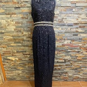 Mac Duggal Navy Sequined High Neck Sleeveless Column Gown, Size 6