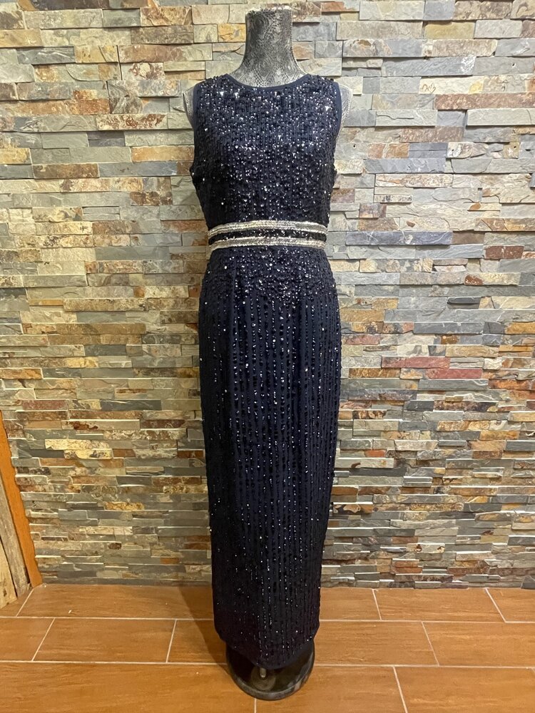 Mac Duggal Navy Sequined High Neck Sleeveless Column Gown, Size 6