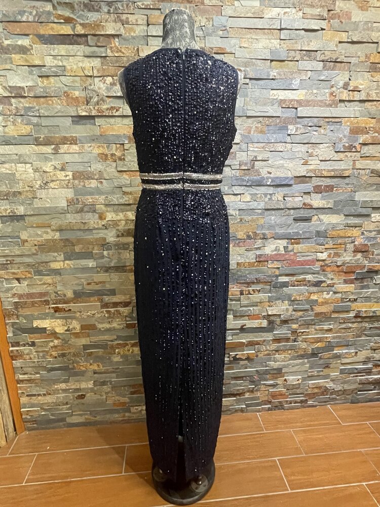 Mac Duggal Navy Sequined High Neck Sleeveless Column Gown, Size 6