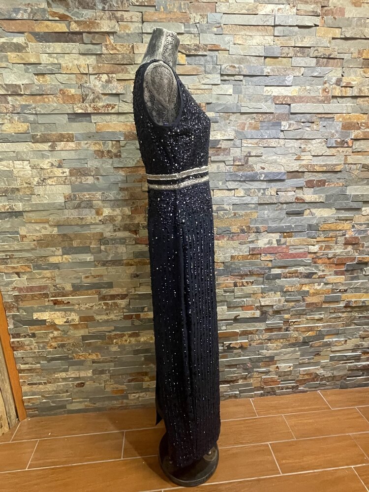 Mac Duggal Navy Sequined High Neck Sleeveless Column Gown, Size 6