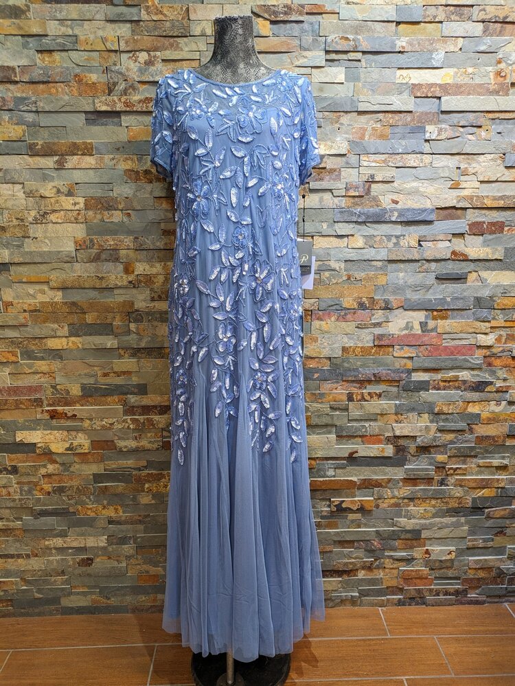 Adrianna Papell French Blue Shortsleeve Floral Sequin Gown, Size 18