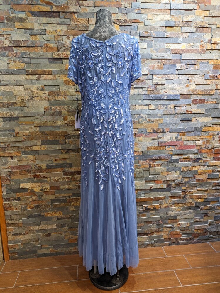 Adrianna Papell French Blue Shortsleeve Floral Sequin Gown, Size 18