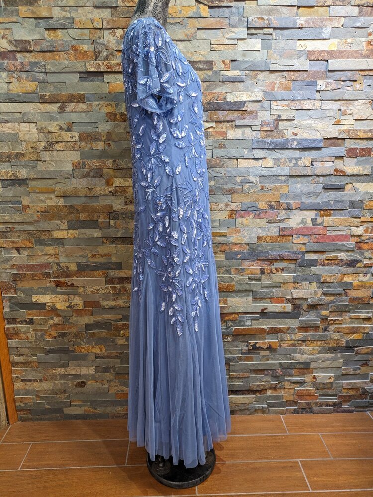 Adrianna Papell French Blue Shortsleeve Floral Sequin Gown, Size 18