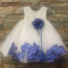White Sequin Tulle Dress w/Royal Flower Petals