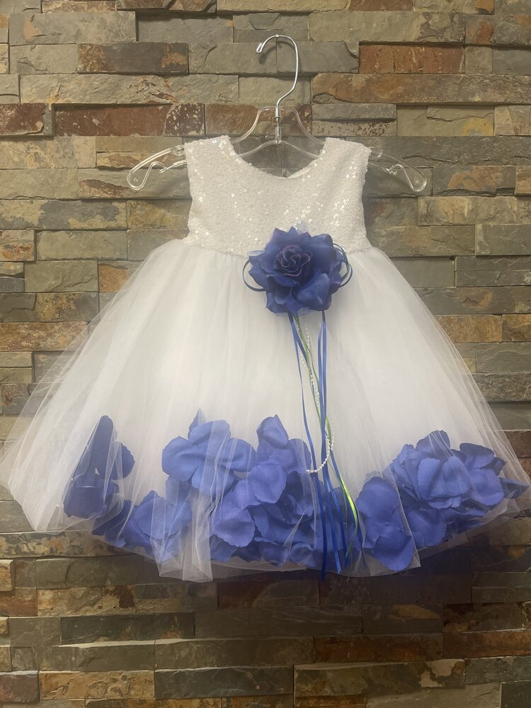 White Sequin Tulle Dress w/Royal Flower Petals
