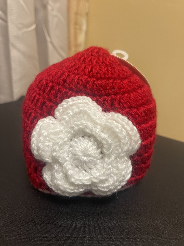 Red with White Crochet Hat, Size 0-6M