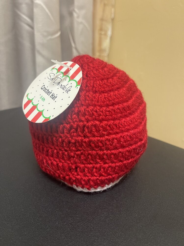 Red with White Crochet Hat, Size 0-6M