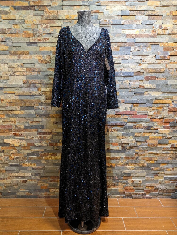 Mac Duggal Navy Full Sequined Long Sleeve Gown, Size 10