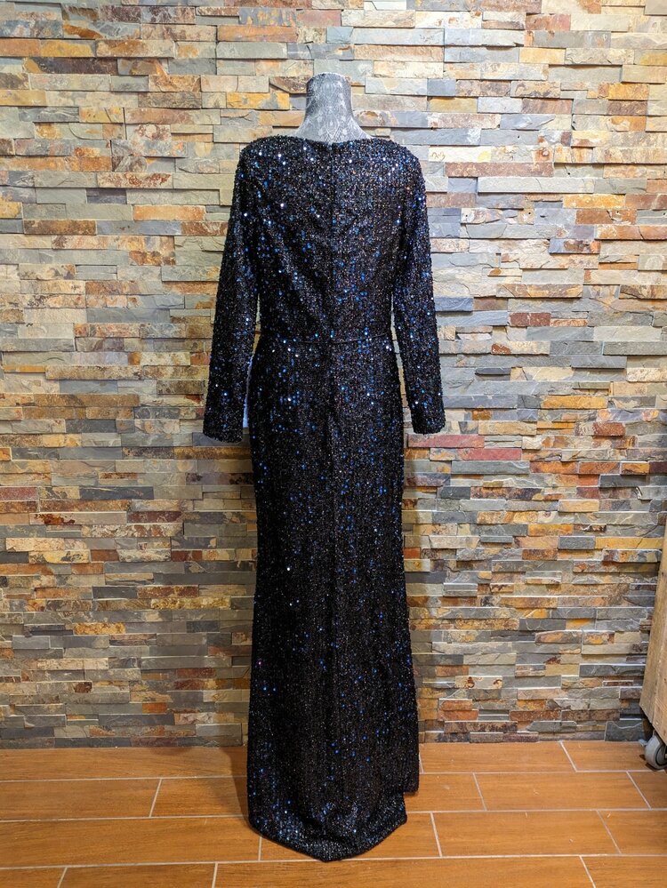 Mac Duggal Navy Full Sequined Long Sleeve Gown, Size 10