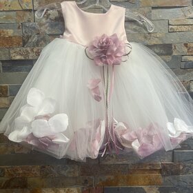 Pink & White Tulle Dress w/ Rose Flower Petals