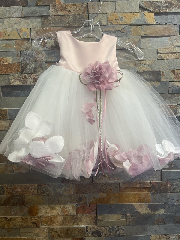Pink & White Tulle Dress w/ Rose Flower Petals