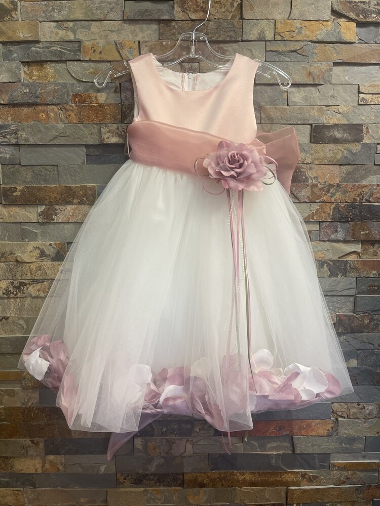 Pink & White Tulle Dress w/ Rose Flower Petals