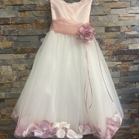 Pink &  White Tulle Dress w/ Rose Flower Petals