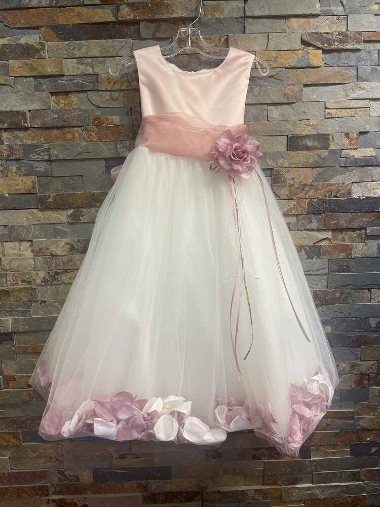 Pink &  White Tulle Dress w/ Rose Flower Petals