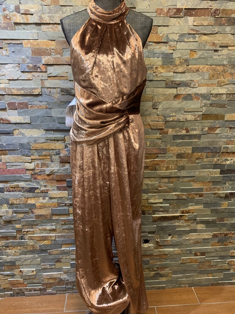 Brown Velvet Mock Neck Wide Leg Jumpsuit, Size 10