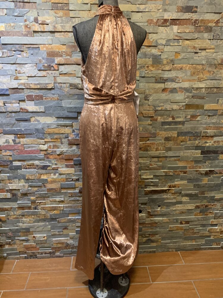 Brown Velvet Mock Neck Wide Leg Jumpsuit, Size 10