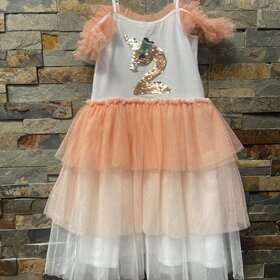 Peach & White Flamingocorn Tulle Sundress
