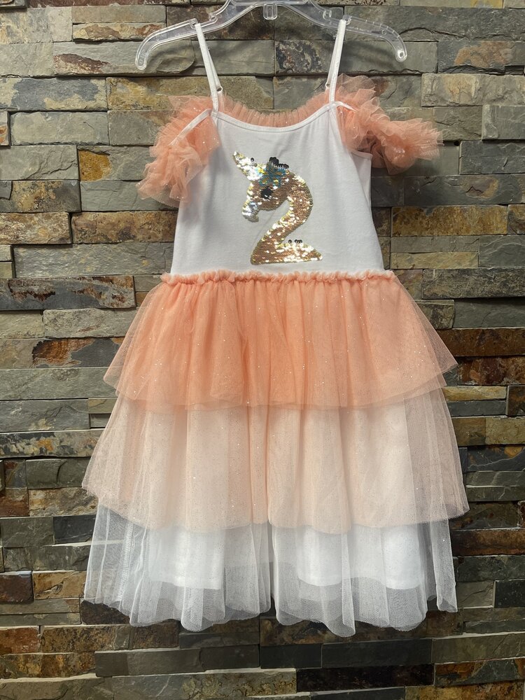 Peach & White Flamingocorn Tulle Sundress