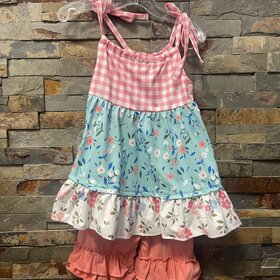 Aqua & Pink Floral Tunic Tie Top w/ Ruffled Shorts