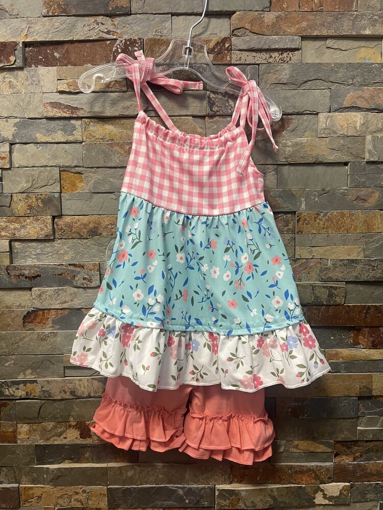 Aqua & Pink Floral Tunic Tie Top w/ Ruffled Shorts