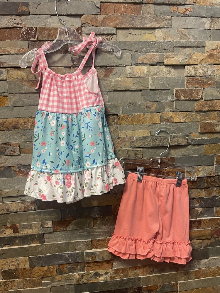 Aqua & Pink Floral Tunic Tie Top w/ Ruffled Shorts