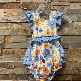 Blue Flutter Sleeves Floral Baby Girls Summer Romper