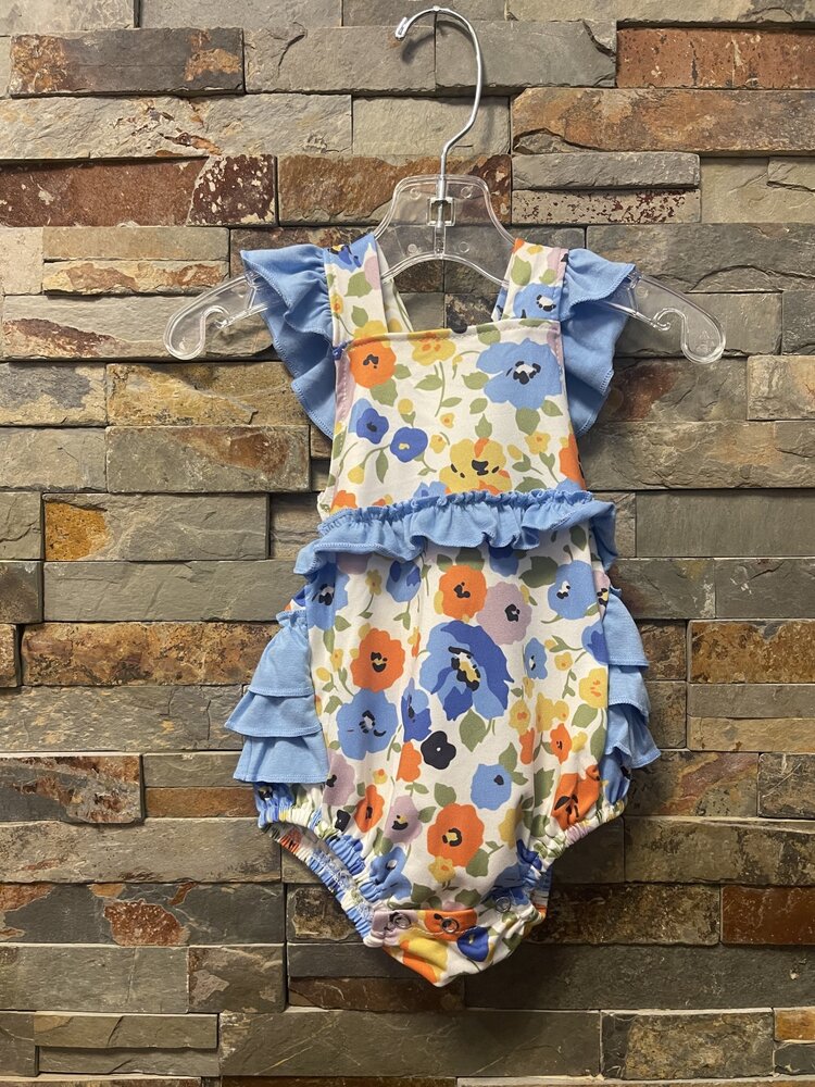 Blue Flutter Sleeves Floral Baby Girls Summer Romper