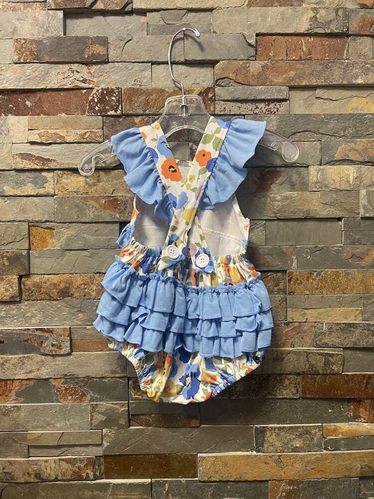 Blue Flutter Sleeves Floral Baby Girls Summer Romper