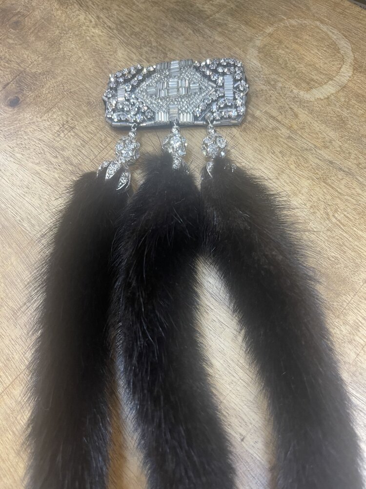 Silver beaded statement brooch with mink tails