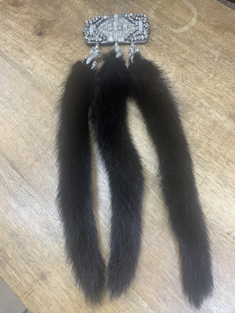 Silver beaded statement brooch with mink tails